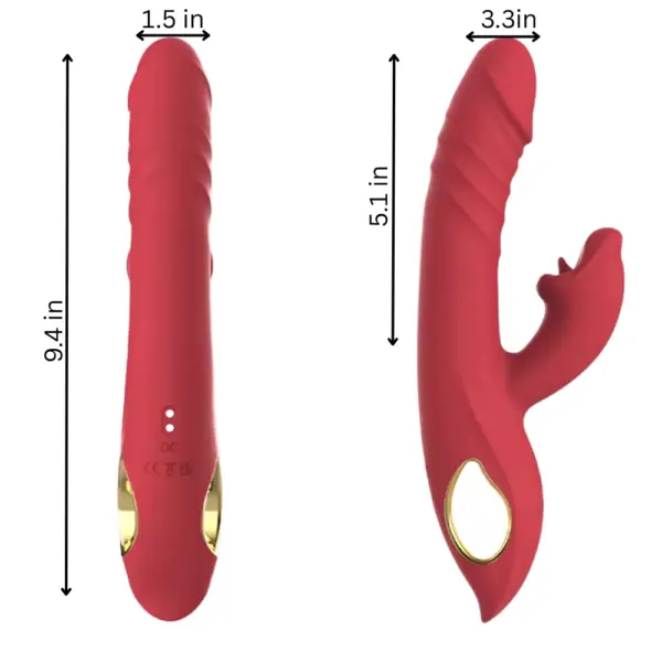 Side-by-side size comparison of the Scarletta vibrator, showing full length of 9.4 inches and insertable shaft length of 5.1 inches with a 1.5-inch diameter.