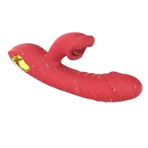 Scarletta vibrator shown with water droplets along the silicone body, emphasizing its waterproof feature and dual stimulation design.