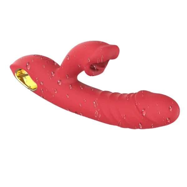 Scarletta vibrator shown with water droplets along the silicone body, emphasizing its waterproof feature and dual stimulation design.