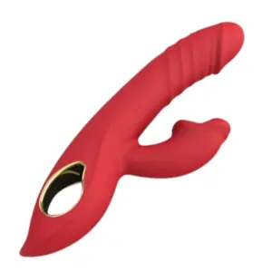 Scarletta vibrator lying at an angle to highlight its ergonomic gold-trimmed handle and curved shaft paired with the biting-style clitoral arm.