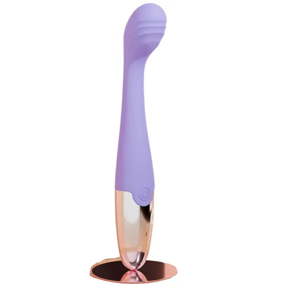 Lavender SparkElle G-spot Massager shown upright with a glossy rose gold base and a curved, ribbed silicone tip designed for focused G-spot pleasure.