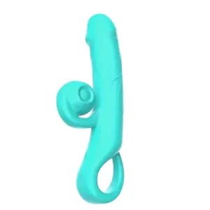 Snabbit dual stimulator in bright turquoise with a looped handle and coiled clitoral stimulator, featuring a realistic shaft shape with subtle vein details.