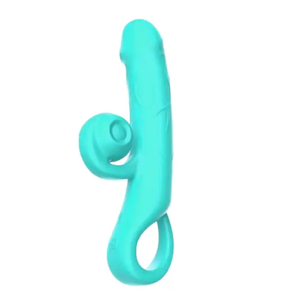 Snabbit dual stimulator in bright turquoise with a looped handle and coiled clitoral stimulator, featuring a realistic shaft shape with subtle vein details.