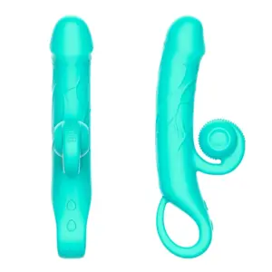 Side-by-side views of the Snabbit dual stimulator showing the front with simple control buttons and smooth detailing, and the side profile highlighting the looped handle and curved shaft with a fixed snail-shaped clitoral stimulator.