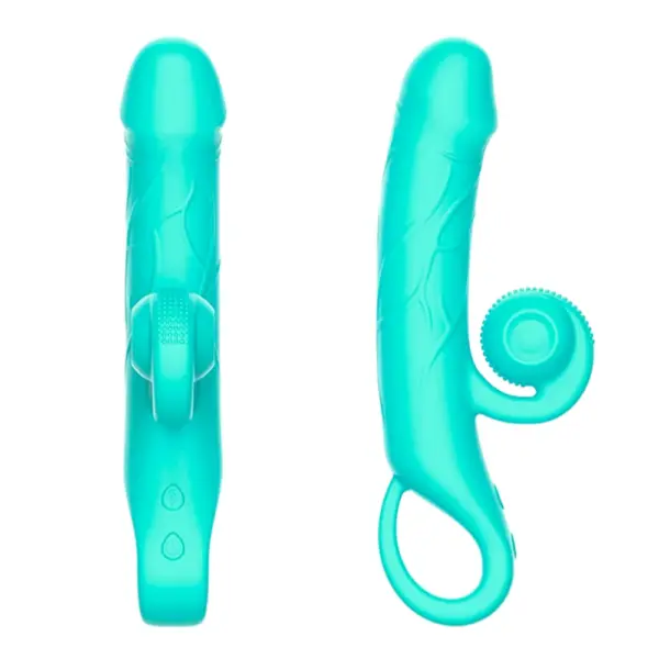 Side-by-side views of the Snabbit dual stimulator showing the front with simple control buttons and smooth detailing, and the side profile highlighting the looped handle and curved shaft with a fixed snail-shaped clitoral stimulator.