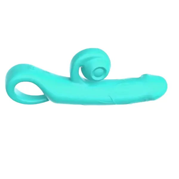 Snabbit vibrator resting horizontally to show its flexible clitoral stimulator and ring-style grip, with a gently curved shaft for internal stimulation.