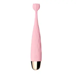 Quiet G-Spot Vibrator HushBloom in soft pink, featuring a tulip-shaped tip and a diamond-textured silicone handle with gold-accented base for a refined, feminine design.