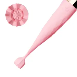 Detail view of the HushBloom vibrator showing the flower-like silicone tip with textured inner petals designed for precise and gentle stimulation.