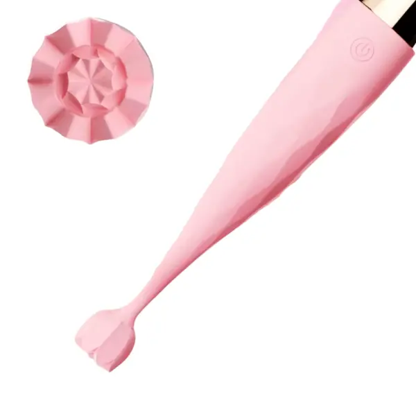 Detail view of the HushBloom vibrator showing the flower-like silicone tip with textured inner petals designed for precise and gentle stimulation.