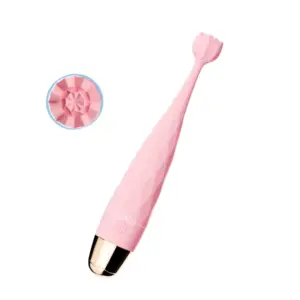 Quiet G-Spot Vibrator HushBloom shown lying flat with an inset of the rotating petal tip, highlighting its slim handle and unique floral stimulator.