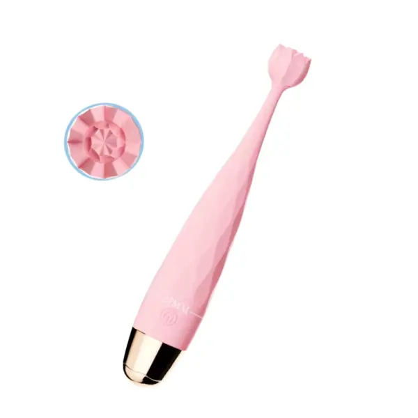 Quiet G-Spot Vibrator HushBloom shown lying flat with an inset of the rotating petal tip, highlighting its slim handle and unique floral stimulator.
