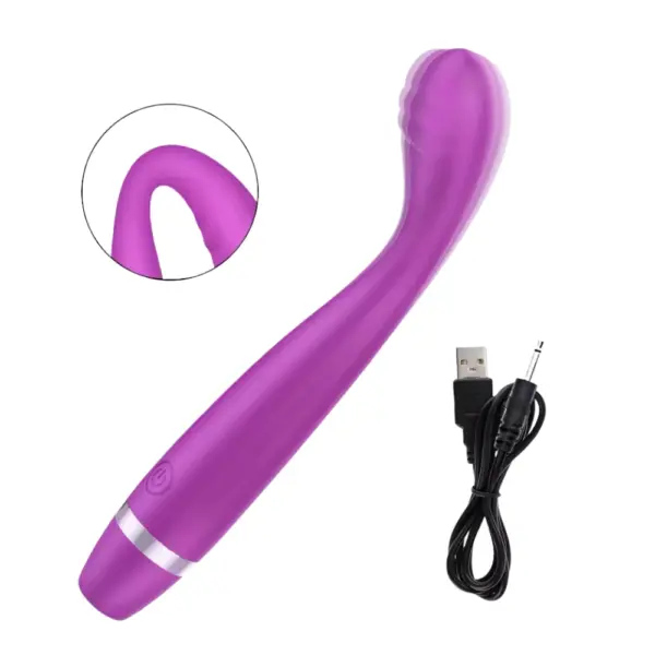 Curved PlushGlow G-spot vibrator in purple shown with its USB charging cable, highlighting its flexible silicone body and contoured head for targeted pleasure.