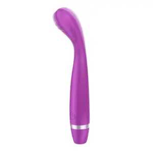 PlushGlow Soft Delight G-spot Vibrator in purple with a curved, ribbed tip designed for internal stimulation and a built-in power button near the base.