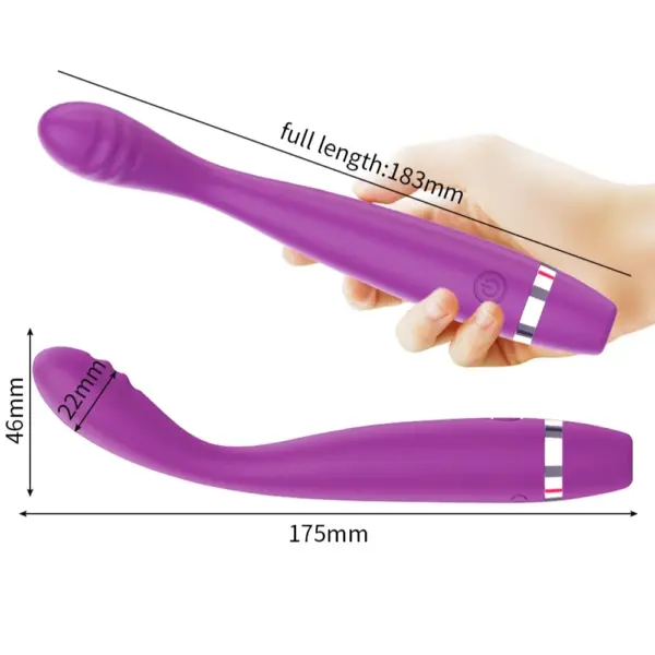 Hand holding the PlushGlow G-spot vibrator with labeled measurements showing its 183mm full length, 22mm tip width, and 46mm maximum width for ergonomic use.