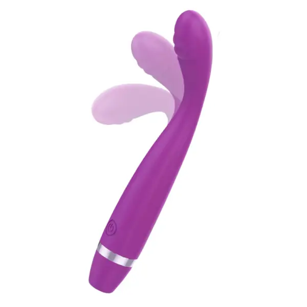 PlushGlow G-spot vibrator demonstrating its flexible neck with the curved tip moving for adaptable stimulation angles.