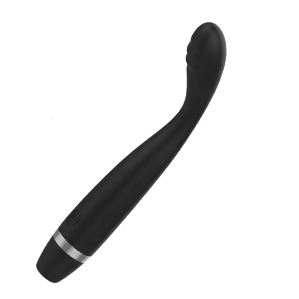 Black PlushGlow G-spot vibrator with a sleek, curved silhouette and silver accent band at the base, designed for deep, targeted pleasure.