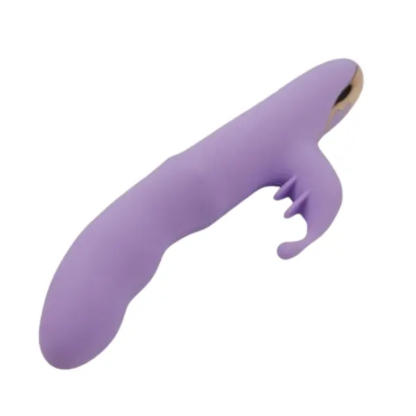 Side view of the TapBun rabbit vibrator highlighting its ergonomic shaft with bulbous contours and curved clitoral arm with tapping extensions.