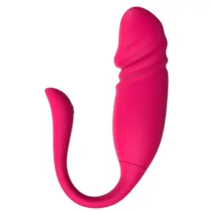 Close-up side view of the ViviTwist, an app controlled egg with thruster, in bright pink silicone featuring a curved flexible tail and realistic ridges near the tip.