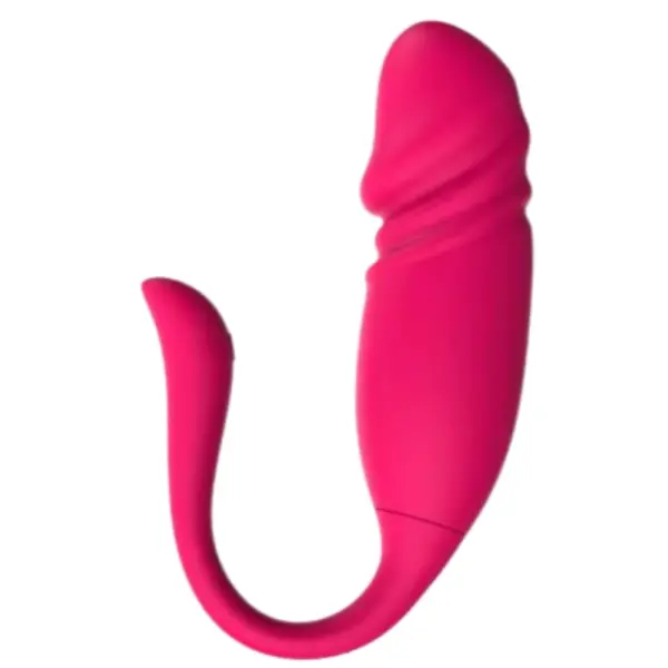 Close-up side view of the ViviTwist, an app controlled egg with thruster, in bright pink silicone featuring a curved flexible tail and realistic ridges near the tip.