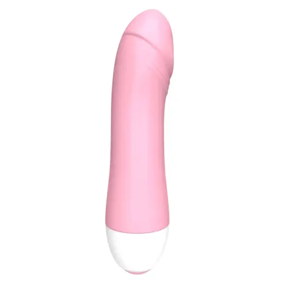 Mini Vibrating Dildo – PocketPop shown in soft pink with a rounded white base and a realistic, slightly curved shape for discreet pleasure.