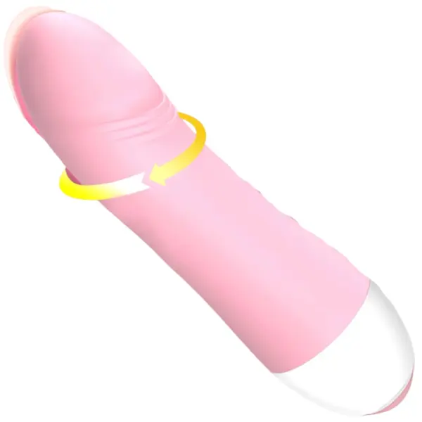 Mini Vibrating Dildo – PocketPop shown with a yellow arrow to illustrate its twisting or vibrating motion, highlighting the toy's dynamic stimulation.
