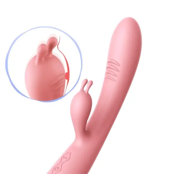 Detailed view of SleekBun’s flexible bunny ear stimulator with an inset diagram highlighting its direct clitoral stimulation feature and ribbed shaft texture.