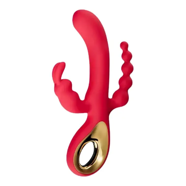 3rdCharm shown in bold red with a gold finger loop, showcasing the curved shaft, dual clitoral prongs, and textured anal beads.