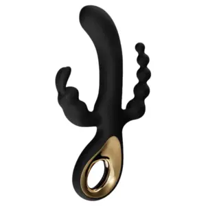 Triple Stimulation Vibrator – 3rdCharm in black silicone, featuring a curved shaft, clitoral stimulator, and a beaded anal arm with a gold-accented finger loop handle.