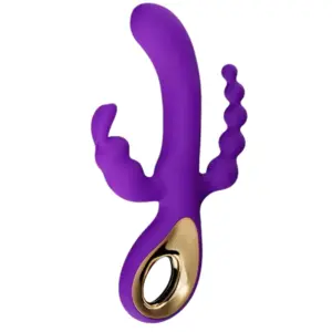 3rdCharm in a deep purple finish, featuring three distinct stimulation arms designed for internal, clitoral, and anal pleasure.