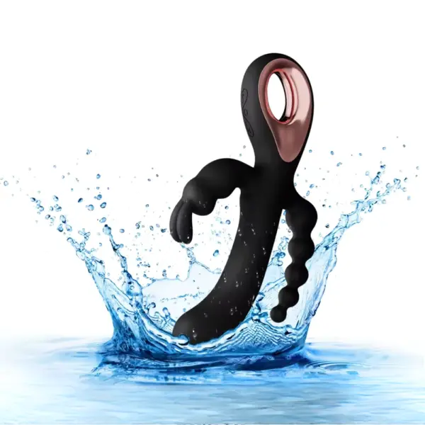 3rdCharm triple stimulation vibrator mid-splash, highlighting its waterproof design and ergonomic shape for versatile pleasure.