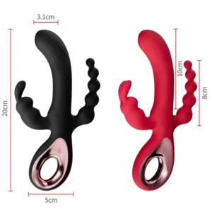 Side-by-side comparison of the 3rdCharm in black and red, with dimensions labeled for shaft length, girth, and stimulator arms.
