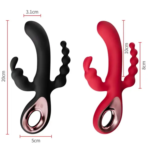 Side-by-side comparison of the 3rdCharm in black and red, with dimensions labeled for shaft length, girth, and stimulator arms.