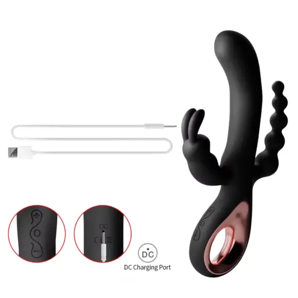 3rdCharm shown with USB charging cable, close-up of DC port and three-button control panel for adjusting vibration modes across its triple stimulation zones.