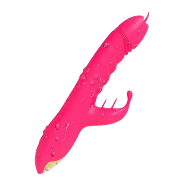 TwirlLuxe vibrator angled to display its waterproof silicone body covered in droplets, highlighting curved tongue attachments and gold-accented base.