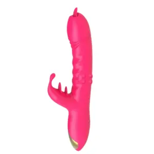 Bright pink TwirlLuxe vibrator standing upright, showing a curved shaft with raised textures and dual tongue-like extensions on the clitoral stimulator.