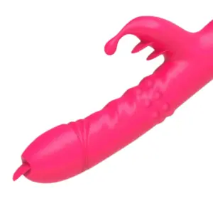 Detailed view of TwirlLuxe’s rotating tongue tip and swirled shaft with raised bumps and a curved external stimulator featuring pointed flexible prongs.