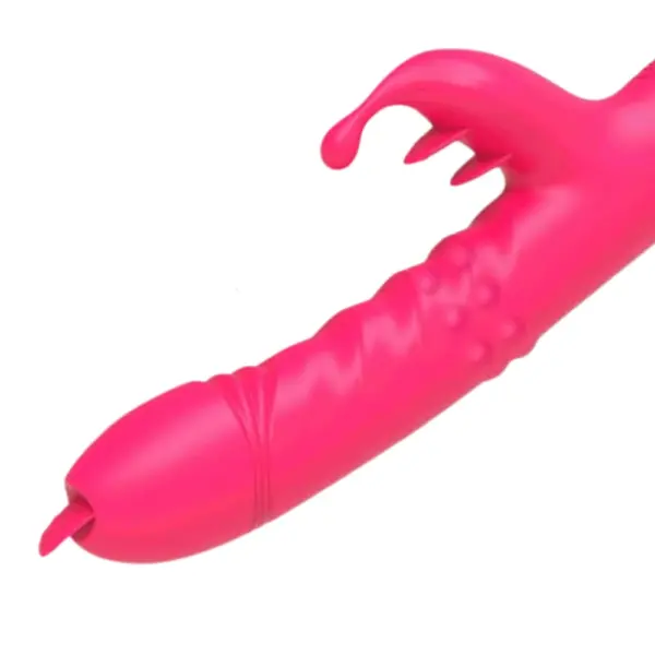 Detailed view of TwirlLuxe’s rotating tongue tip and swirled shaft with raised bumps and a curved external stimulator featuring pointed flexible prongs.