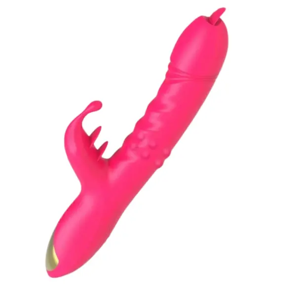 Side profile of the TwirlLuxe vibrator revealing its contoured grip, textured shaft, and dual-action external stimulator with claw-like tongues.