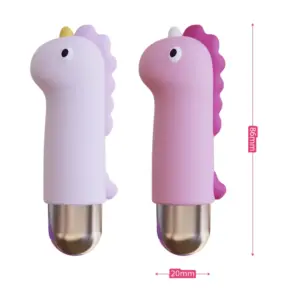 Unicorn shaped bullet vibrator – UniTease in lavender and pink versions side by side, showing 86mm length and 20mm width for compact, travel-friendly sizing.