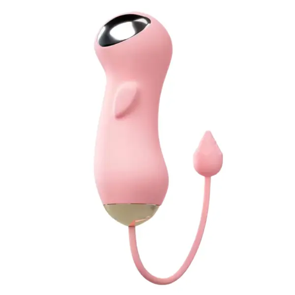 Soft pink Voltessa vibrating egg with a teardrop-shaped retrieval tail and smooth ergonomic body, topped with a metallic accent for sleek contrast.