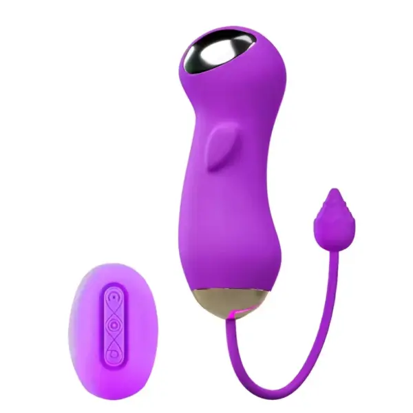 Purple version of the Voltessa love egg vibrator with coordinating remote control, highlighting color variety and sleek, modern design.