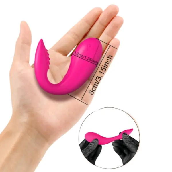 TwinPulse stimulator held in a hand with measurements of 8cm length and 3.2cm width, demonstrating its compact and wearable shape.