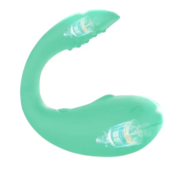 Mint green TwinPulse stimulator with an overlay showing dual internal motors in each arm, emphasizing its powerful dual vibration.