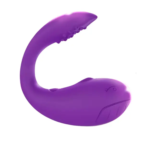 TwinPulse stimulator in deep purple with flexible U-shape, dual-arm stimulation points, and whale face design on outer side.