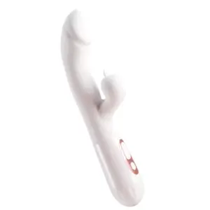 Curved white vibrator with an angled shaft and external bunny-shaped stimulator, shown with simple button controls near the base.