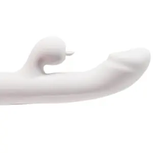 Side profile of the GlowWhisk showing its gently curved shaft and small flicking bunny ear stimulator designed for targeted dual stimulation.