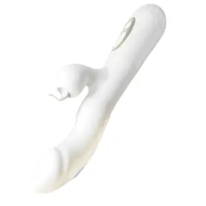 Diagonal view of the GlowWhisk vibrator showing the G-spot curve and a small, tongue-like flicking attachment on the clitoral arm.