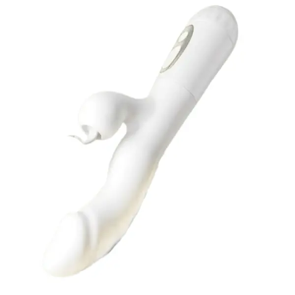 Diagonal view of the GlowWhisk vibrator showing the G-spot curve and a small, tongue-like flicking attachment on the clitoral arm.