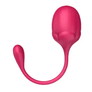 The BigBloom vibrating egg in bright pink, featuring a bulbous floral-inspired shape with a long curved silicone tail for easy removal and precise placement.