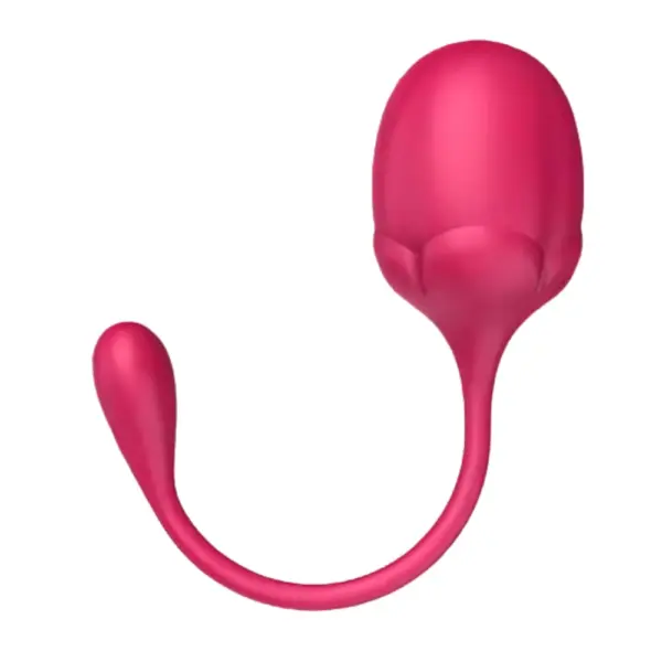 The BigBloom vibrating egg in bright pink, featuring a bulbous floral-inspired shape with a long curved silicone tail for easy removal and precise placement.